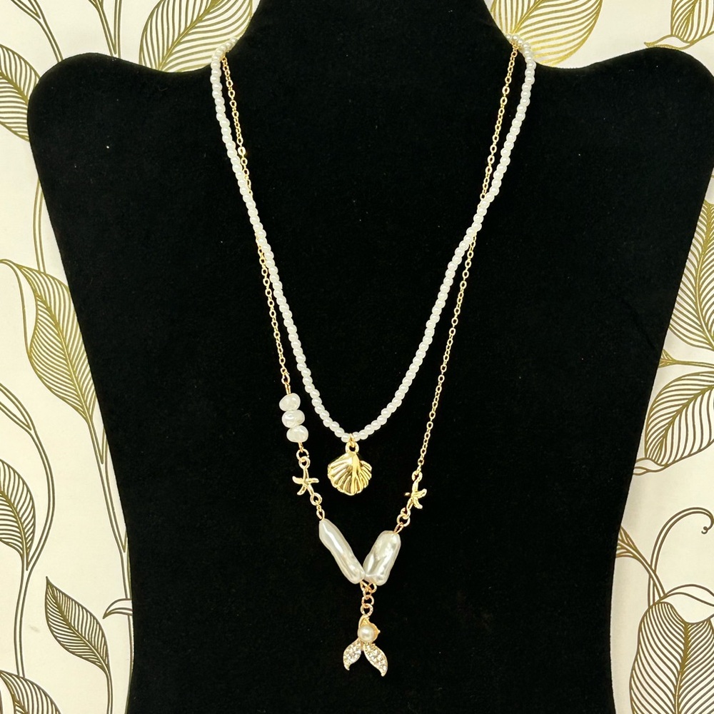 Gold and White Layered Necklace with Shell and Pearl Accents